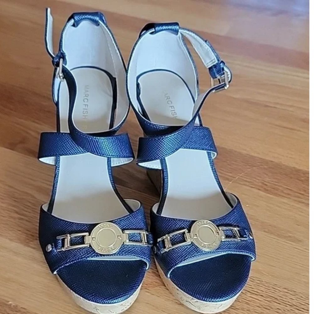Marc Fisher Brantor Navy Blue Cork Wedge Sandals (NWOT)